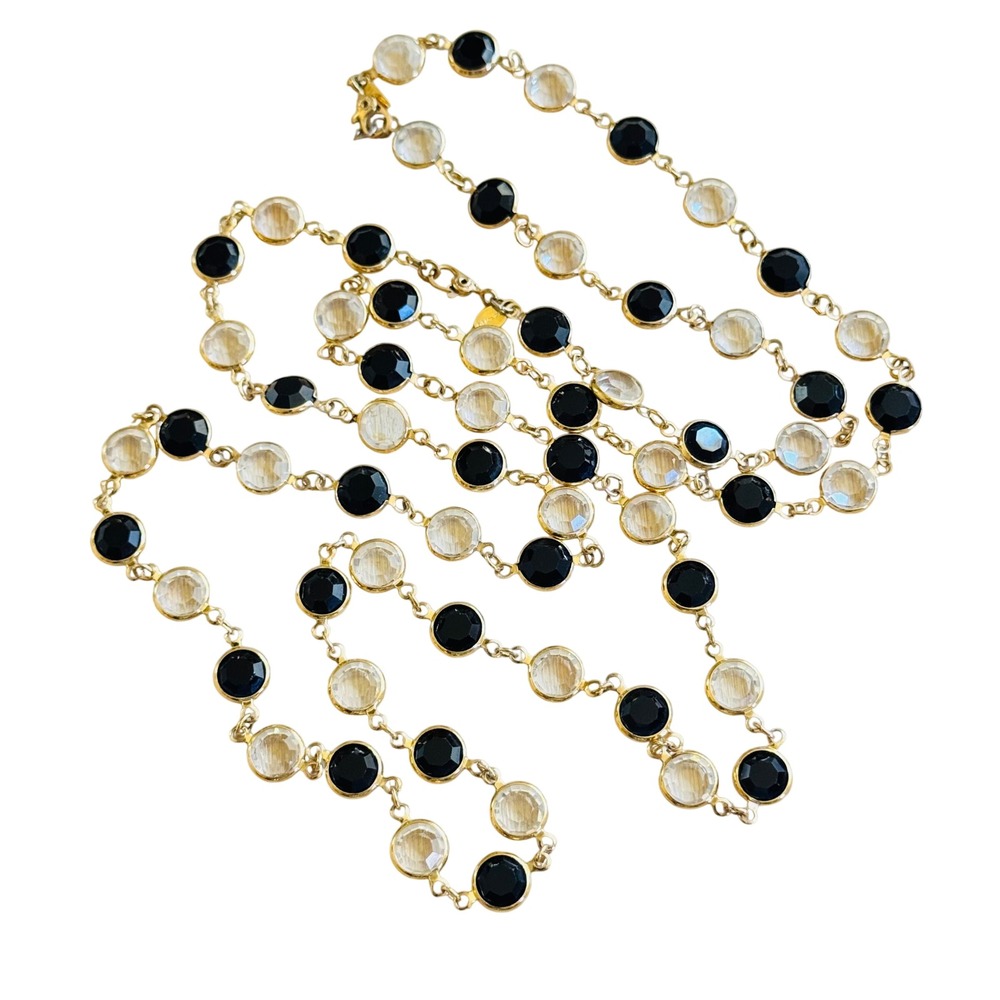 VTG Monet Open Bezel Crystal Necklace Gold Plated Strand Elegant Black Clear 43"